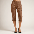 Diane | Womens Elastic Waist Multi Pocket Cropped Cargo Pants, Brown