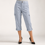 Diane | Womens Elastic Waist Multi Pocket Cropped Cargo Pants, Light Blue