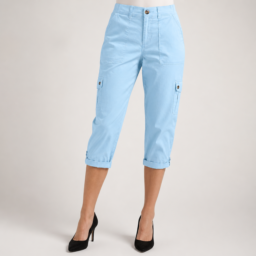 Diane | Womens Elastic Waist Multi Pocket Cropped Cargo Pants, Sky Blue