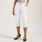 Diane | Womens Elastic Waist Multi Pocket Cropped Cargo Pants, White