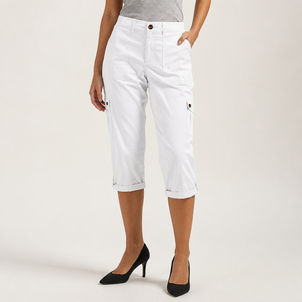 Diane | Womens Elastic Waist Multi Pocket Cropped Cargo Pants, White