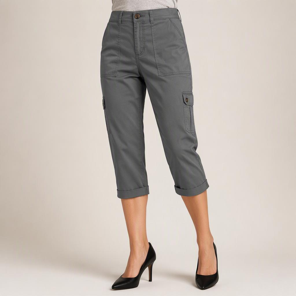 Diane | Womens Elastic Waist Multi Pocket Cropped Cargo Pants, Dark Grey