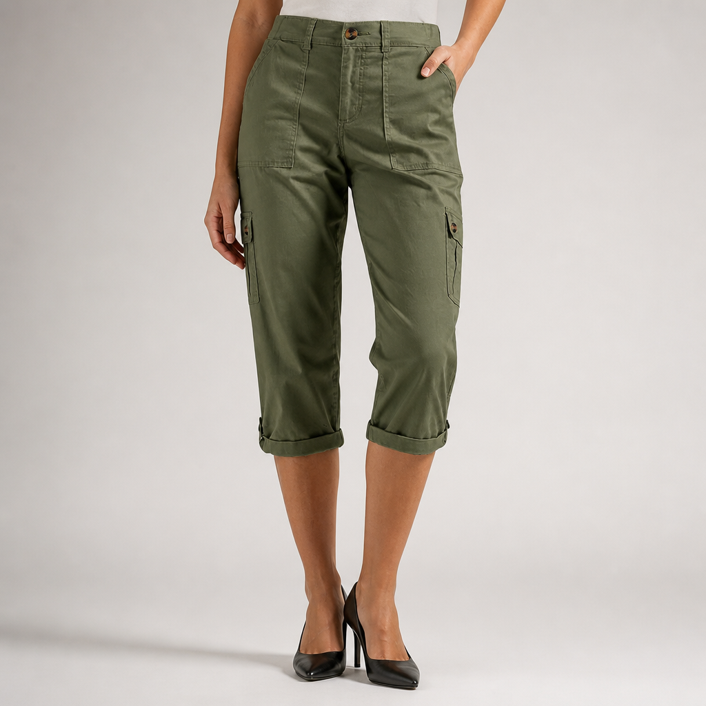 Diane | Womens Elastic Waist Multi Pocket Cropped Cargo Pants, Military Green