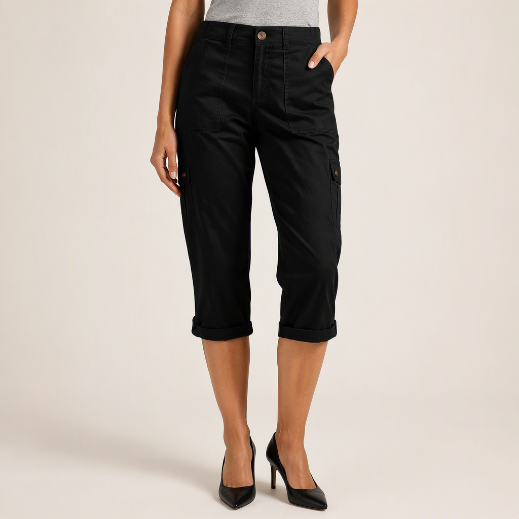 Diane | Womens Elastic Waist Multi Pocket Cropped Cargo Pants, Black