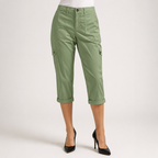 Diane | Womens Elastic Waist Multi Pocket Cropped Cargo Pants, Green