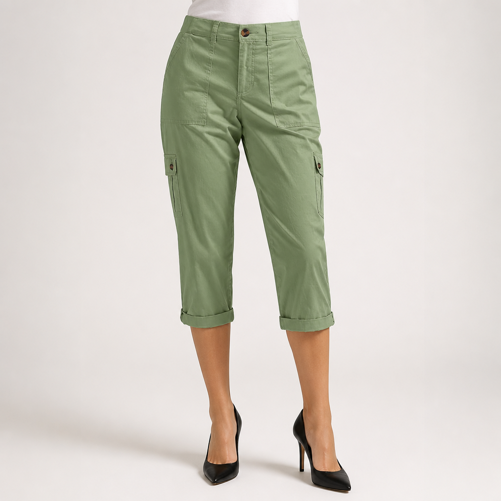 Diane | Womens Elastic Waist Multi Pocket Cropped Cargo Pants, Green