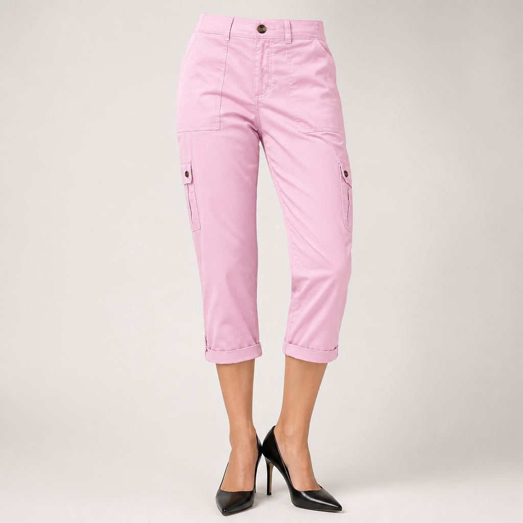 Diane | Womens Elastic Waist Multi Pocket Cropped Cargo Pants, Pink