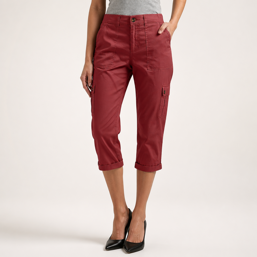 Diane | Womens Elastic Waist Multi Pocket Cropped Cargo Pants, Wine Red