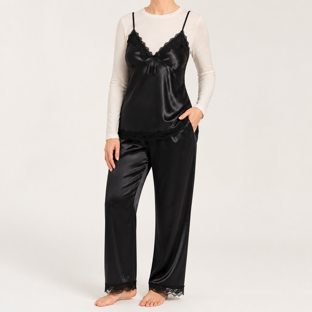 Dolores | Womens Satin Lace Chemise Slip Nightgown, Black