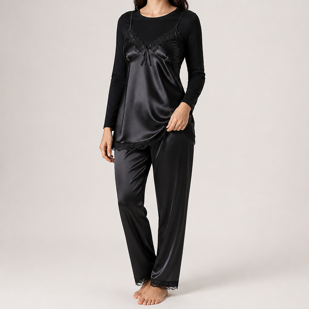 Dolores | Womens Satin Lace Chemise Slip Nightgown, Satin Black