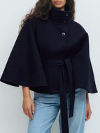 Dora | Womens Belted Cape Trench Coat, Navy Blue