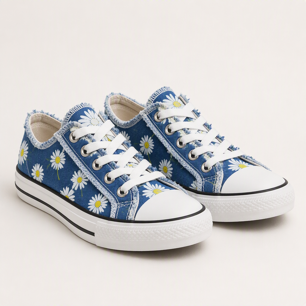 Dorothy | Womens Printed Canvas Shoes Lace Up Flat Sneakers, Daisy