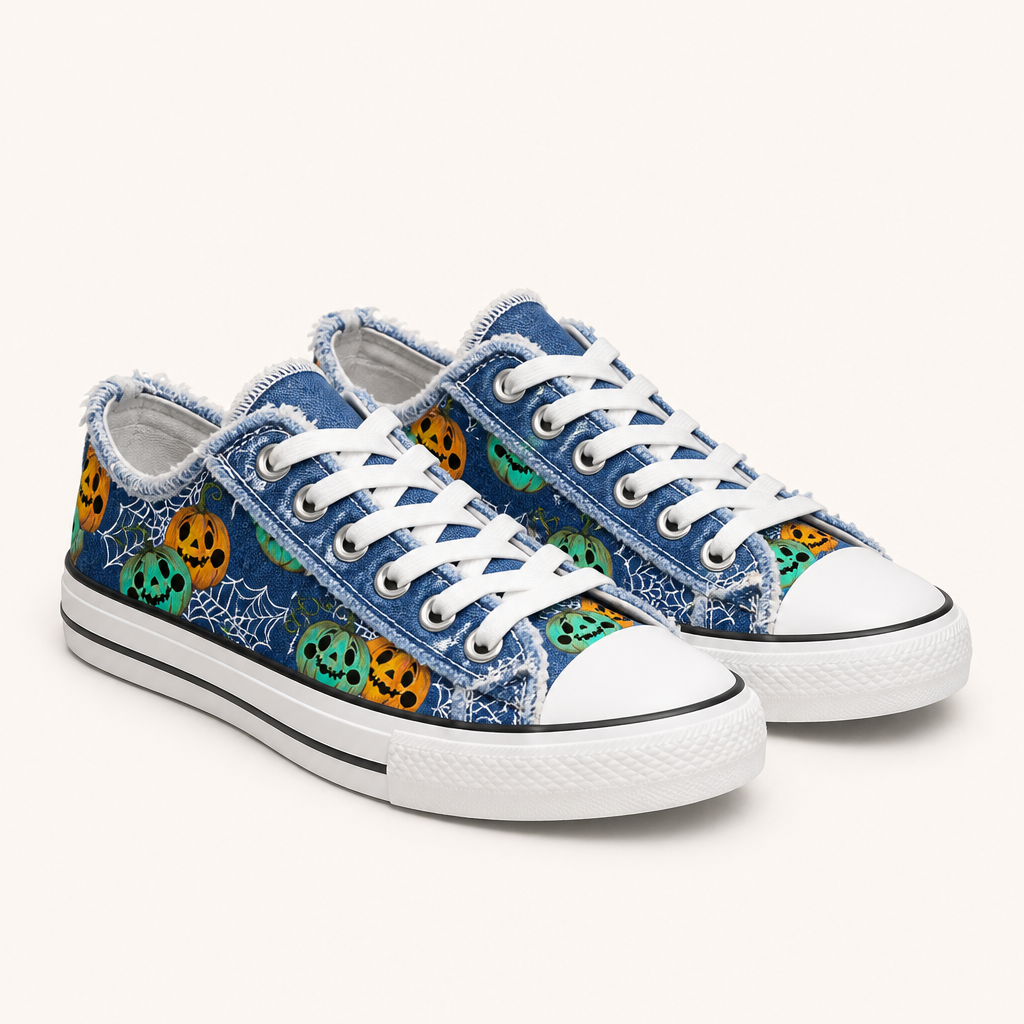 Dorothy | Womens Printed Canvas Shoes Lace Up Flat Sneakers, Pumpkin