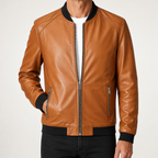 Doug | Mens Faux Leather Jacket Slim Fit Casual Classic Fashion Outerwear, Orange