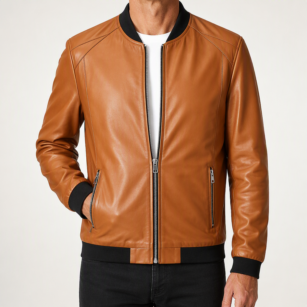 Doug | Mens Faux Leather Jacket Slim Fit Casual Classic Fashion Outerwear, Orange