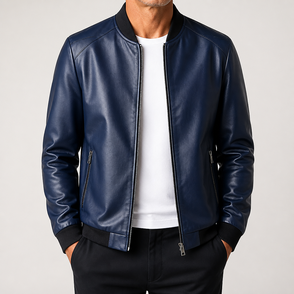 Doug | Mens Faux Leather Jacket Slim Fit Casual Classic Fashion Outerwear, Blue