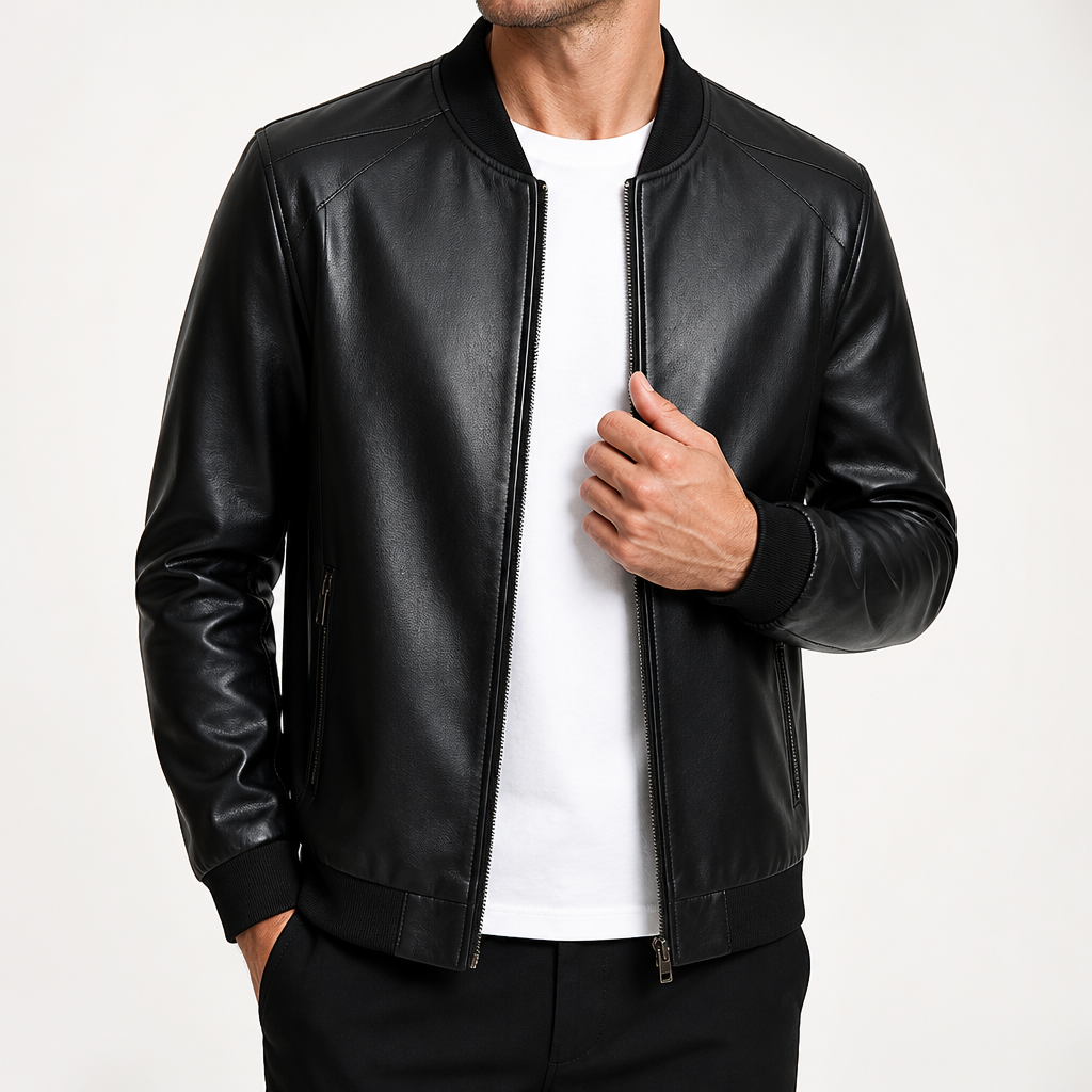 Doug | Mens Faux Leather Jacket Slim Fit Casual Classic Fashion Outerwear, Black