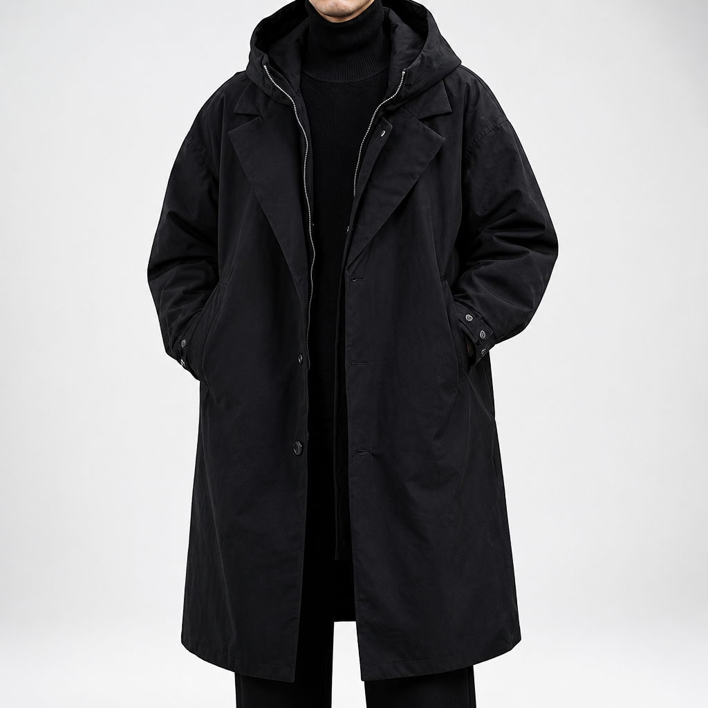 Dustin | Mens Winter Parka Coat Hooded Trench Mid Length Jacket, Black 2