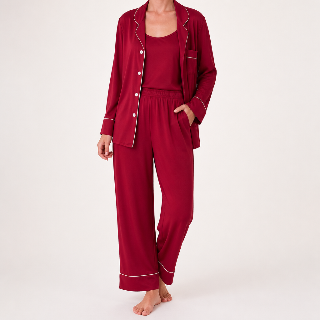Ebony | Womens Modal Long Sleeve Loungewear Pajama Set, Wine Red