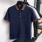 Edgar | Mens Short Sleeve Cable Knit Business Casual Collared T-Shirt - Navy