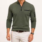 Edmund | Mens Polo Shirt Striped Arm Zip Long Sleeve Sports Top, Army Green