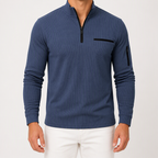 Edmund | Mens Polo Shirt Striped Arm Zip Long Sleeve Sports Top, Navy Blue