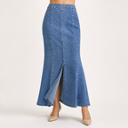 Edmund | Womens Denim Skirt Fishtail Split High Waisted Midi Skirt, Blue
