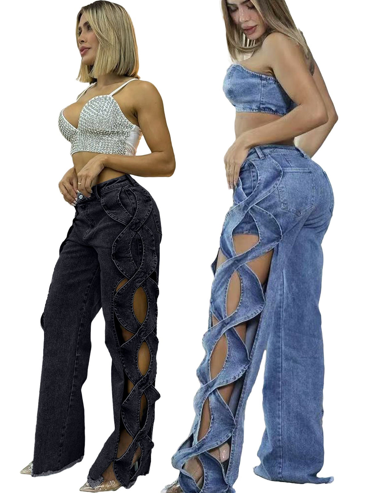 Eileen | Womens High Waisted Jeans Patchwork Casual Denim Pants