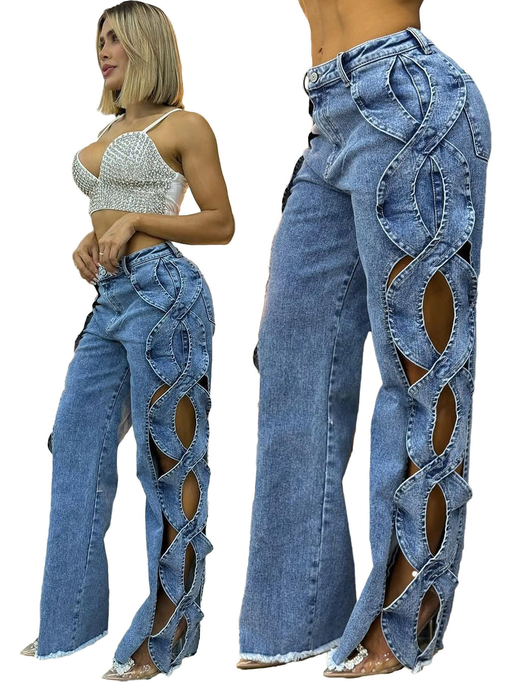 Eileen | Womens High Waisted Jeans Patchwork Casual Denim Pants