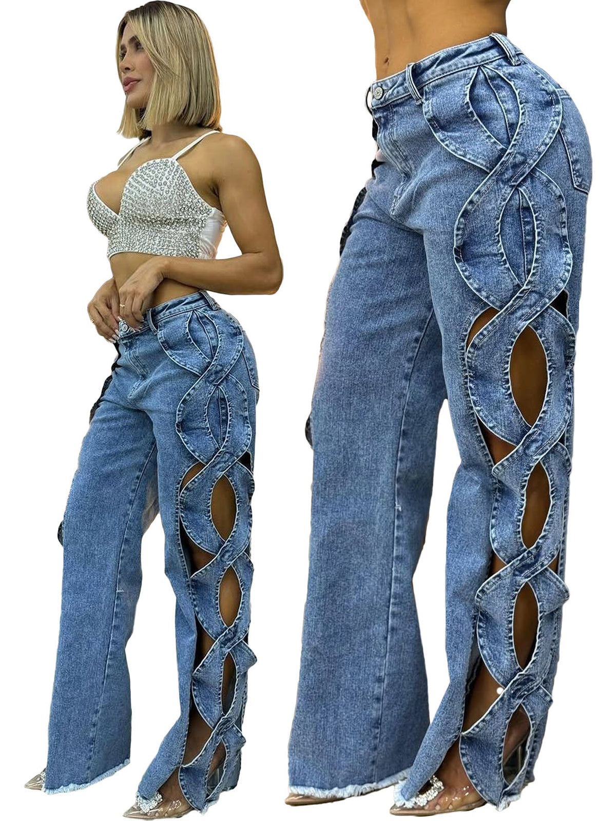 Eileen | Womens High Waisted Jeans Patchwork Casual Denim Pants