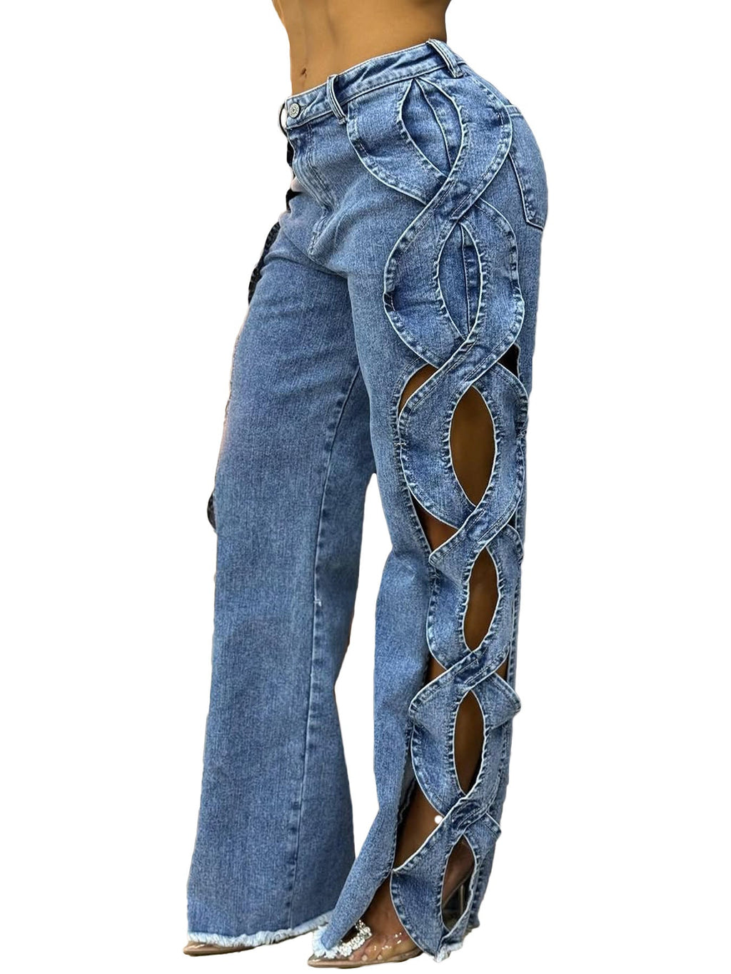 Eileen | Womens High Waisted Jeans Patchwork Casual Denim Pants