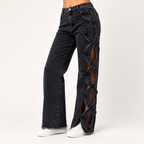 Eileen | Womens High Waisted Jeans Patchwork Casual Denim Pants, Black Gray