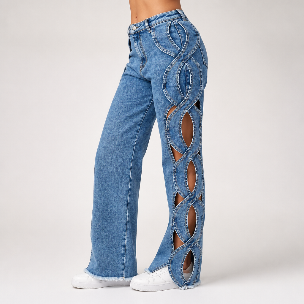 Eileen | Womens High Waisted Jeans Patchwork Casual Denim Pants, Blue