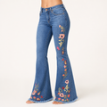 Elena | Womens High Waisted Flare Embroidered Stretch Denim Jeans, Blue