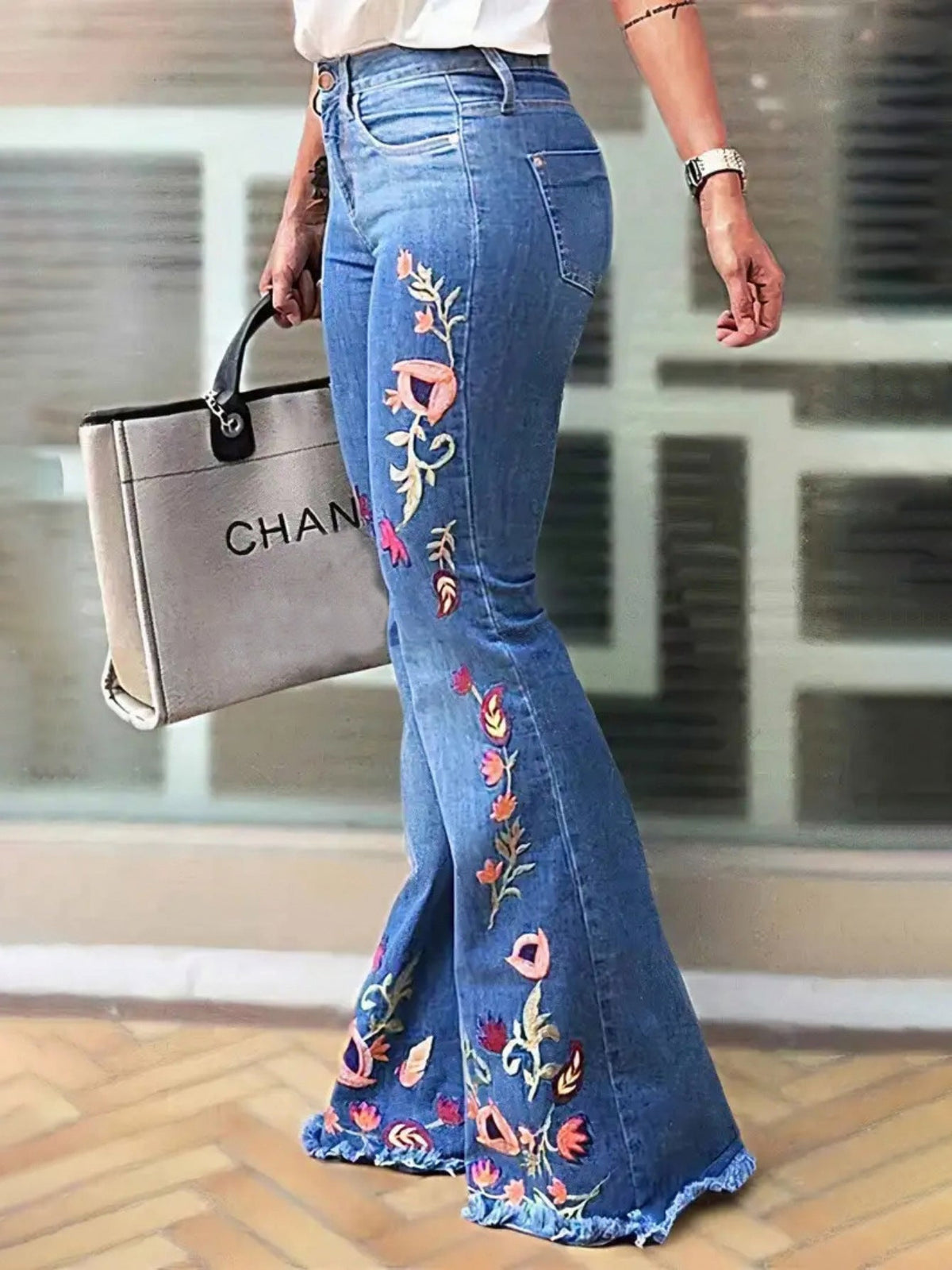 Elena | Womens High Waisted Flare Embroidered Stretch Denim Jeans