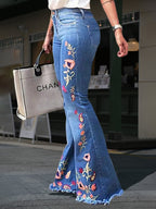 Elena | Womens High Waisted Flare Embroidered Stretch Denim Jeans