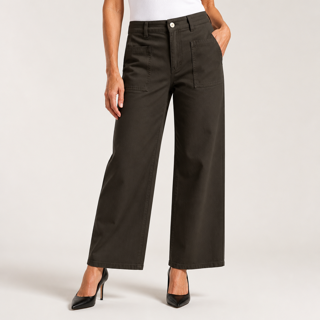 Elin | Womens High Waisted Wide Leg Cropped Trousers Pants, Dark Grey