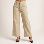Elin | Womens High Waisted Wide Leg Cropped Trousers Pants, Khaki
