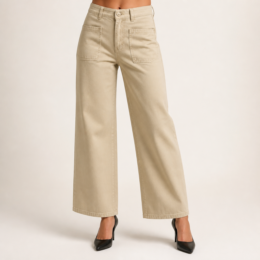 Elin | Womens High Waisted Wide Leg Cropped Trousers Pants, Khaki