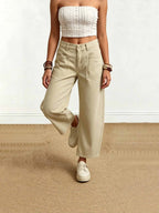 Elin | Womens High Waisted Wide Leg Cropped Trousers Pants - Khaki