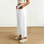 Elin | Womens High Waisted Wide Leg Cropped Trousers Pants - White