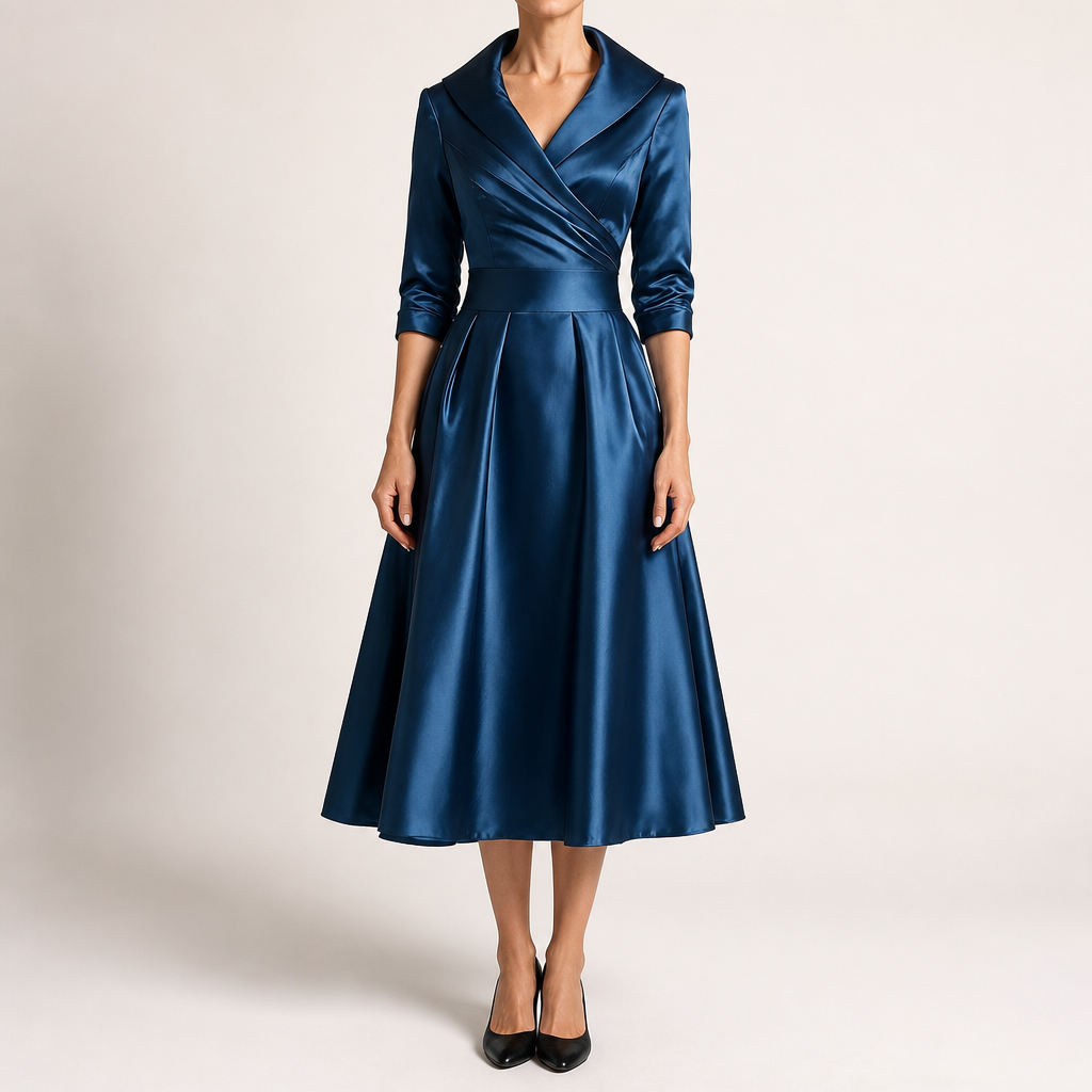 Ella | Womens Long Sleeve Wedding Guest Elegant Evening Waist Cinching Maxi Dress, Blue