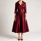 Ella | Womens Long Sleeve Wedding Guest Elegant Evening Waist Cinching Maxi Dress, Wine Red
