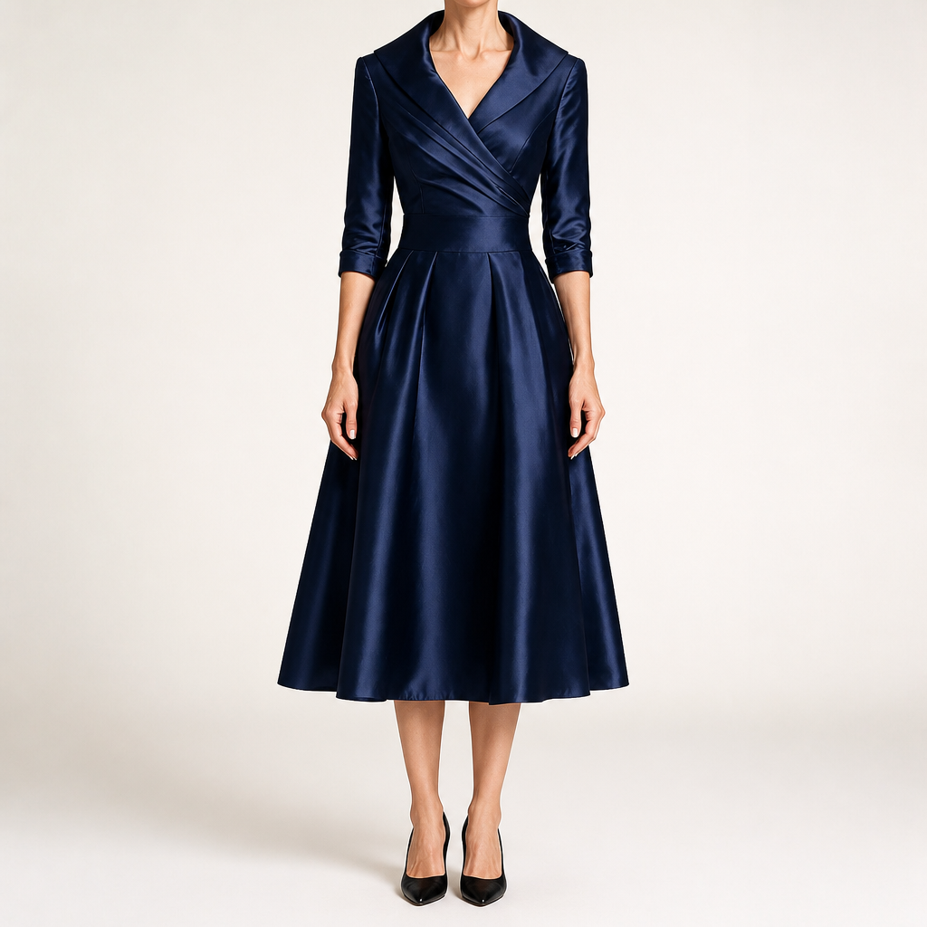 Ella | Womens Long Sleeve Wedding Guest Elegant Evening Waist Cinching Maxi Dress, Dark Blue