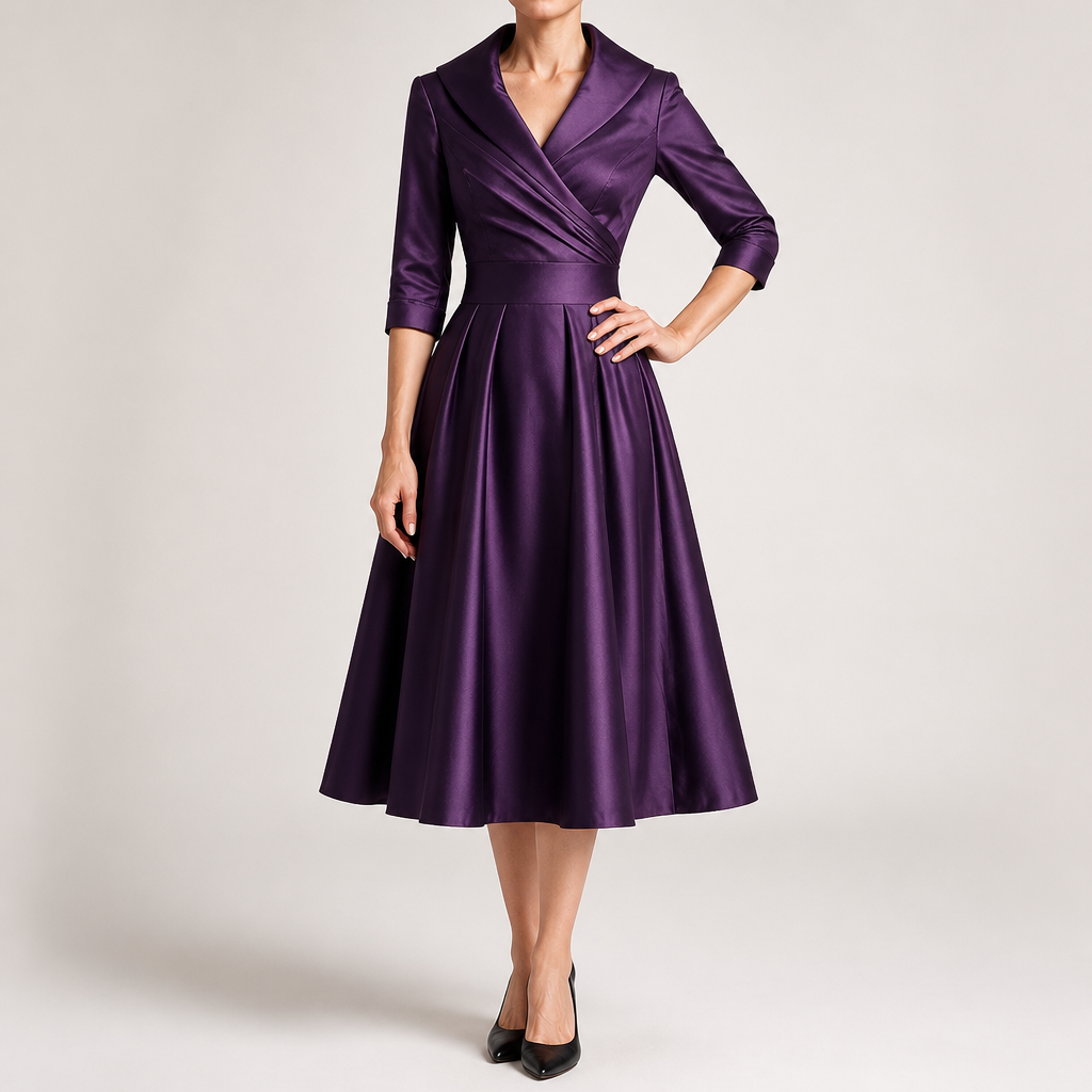 Ella | Womens Long Sleeve Wedding Guest Elegant Evening Waist Cinching Maxi Dress, Purple