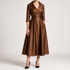 Ella | Womens Long Sleeve Wedding Guest Elegant Evening Waist Cinching Maxi Dress, Brown