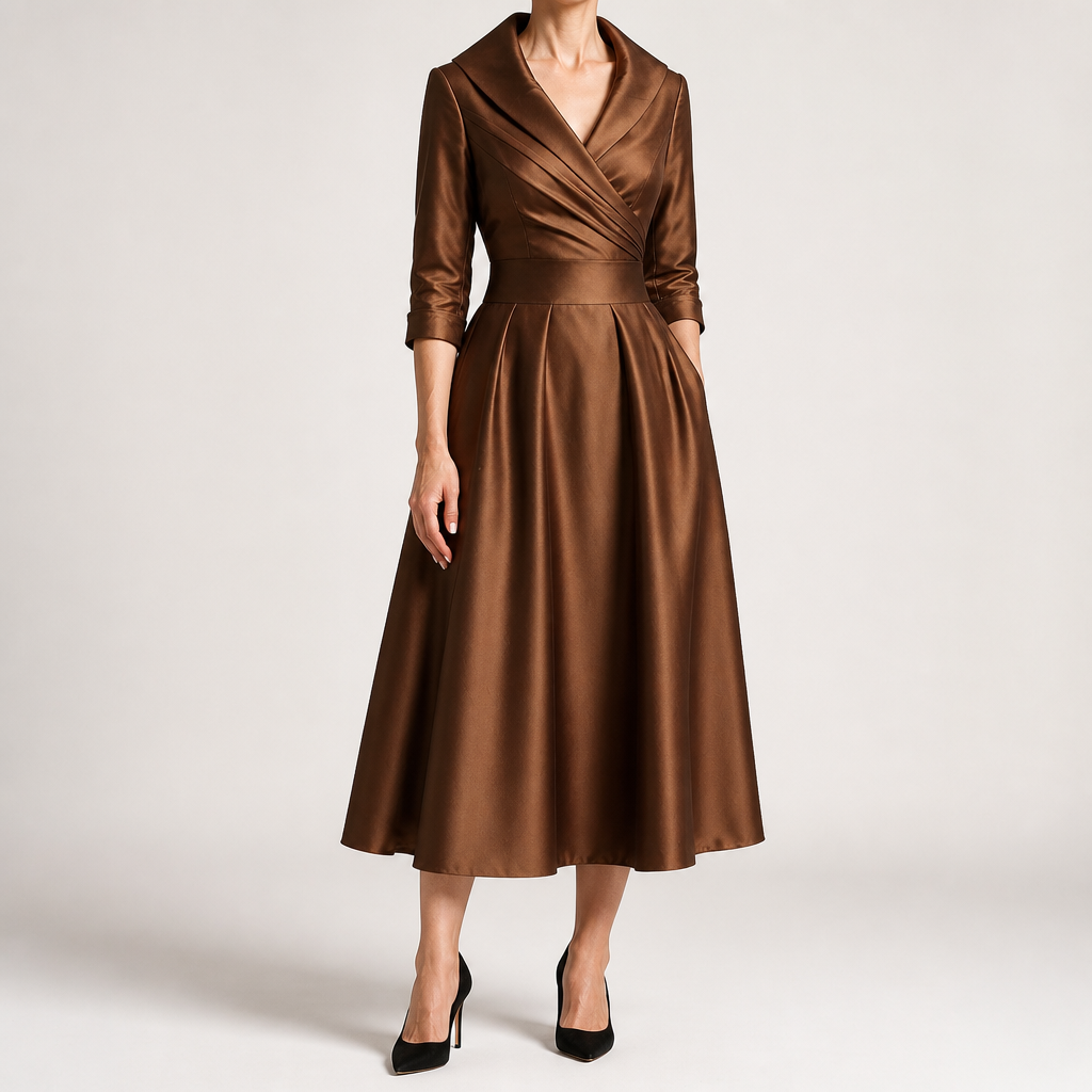 Ella | Womens Long Sleeve Wedding Guest Elegant Evening Waist Cinching Maxi Dress, Brown