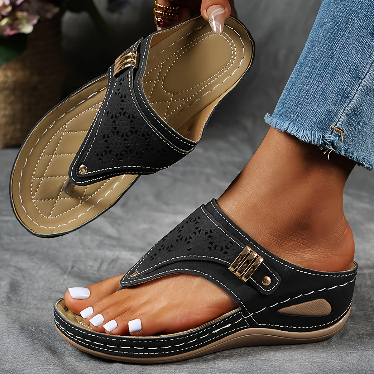 Ember | Womens Studded Wedge Flip Flops Toe Post Sandals