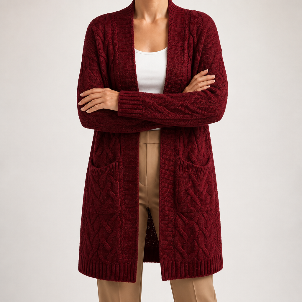 Emmett | Womens Cardigan Knitted Cable Twist Open Front Sweater, Burgundy