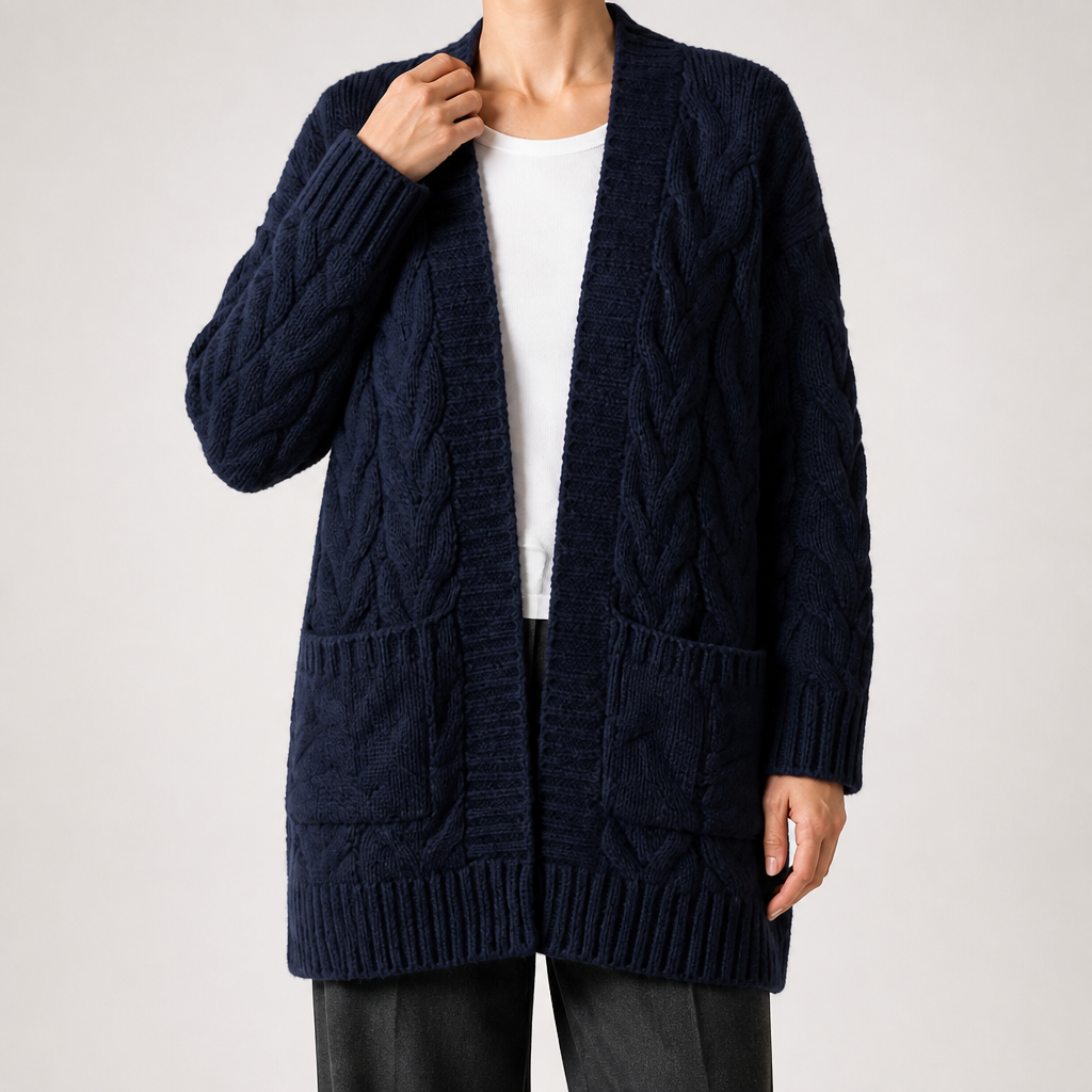 Emmett | Womens Cardigan Knitted Cable Twist Open Front Sweater, Navy